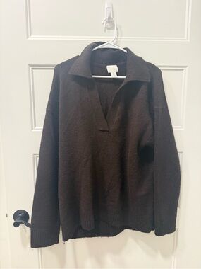 H&M Brown V-Neck Knit Sweater with Polo Collar